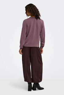 Back image of a model wearing the Aya ls collar shirt in burgundy, by brand Jacqueline de yong