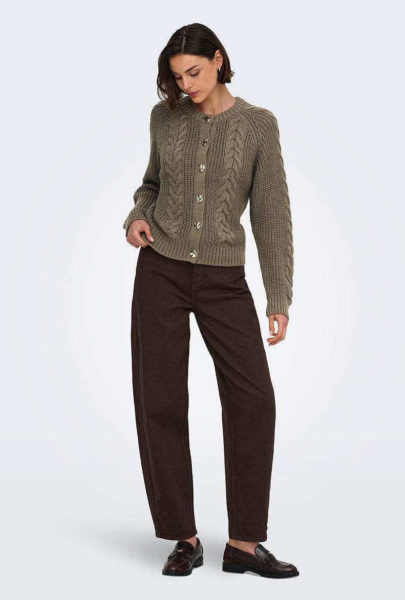 Front image of a model wearing Carmella ls cable knit cardigan in brown, by brand Jacqueline de yong