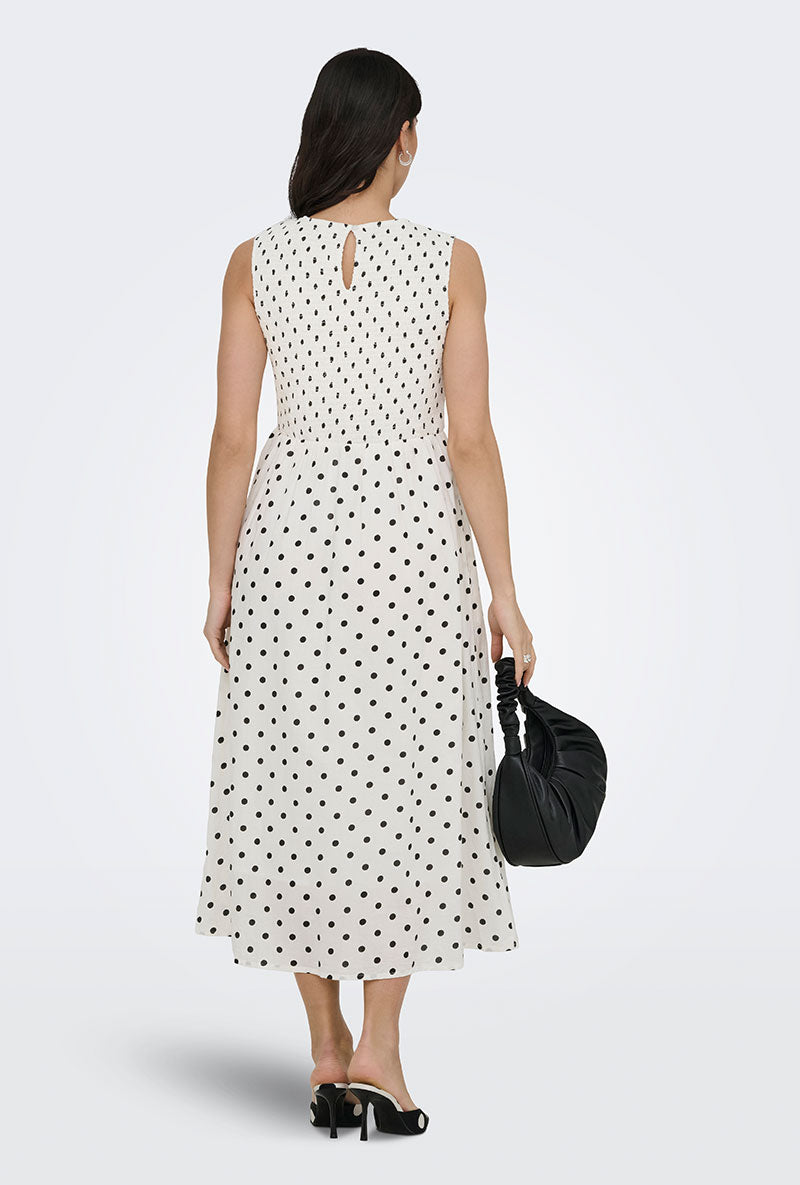 Back image of a model wearing Diego s/l smock midi dress in white, by brand Jacqueline de yong