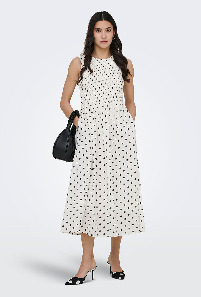 Front image of a model wearing Diego s/l smock midi dress in white, by brand Jacqueline de yong