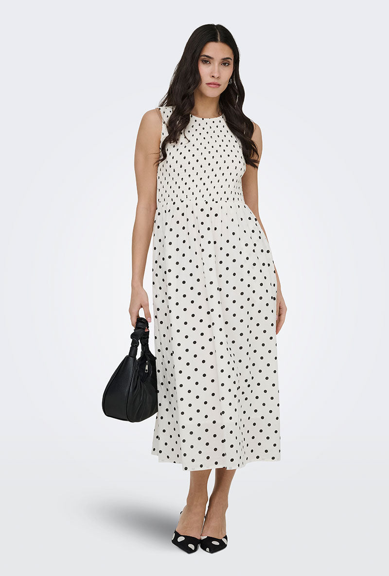 Front image of a model wearing Diego s/l smock midi dress in white, by brand Jacqueline de yong