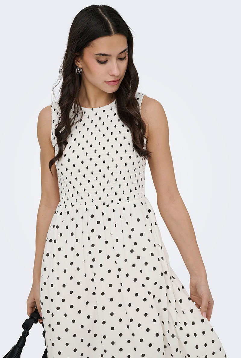 Front image of a model wearing Diego s/l smock midi dress in white, by brand Jacqueline de yong