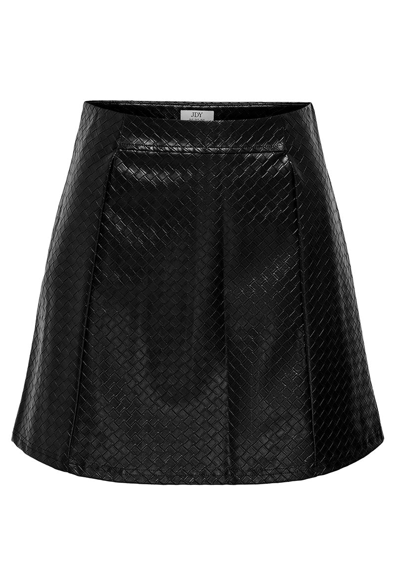 Front image of Ella pu mini skirt in black, by brand Jacqueline de yong