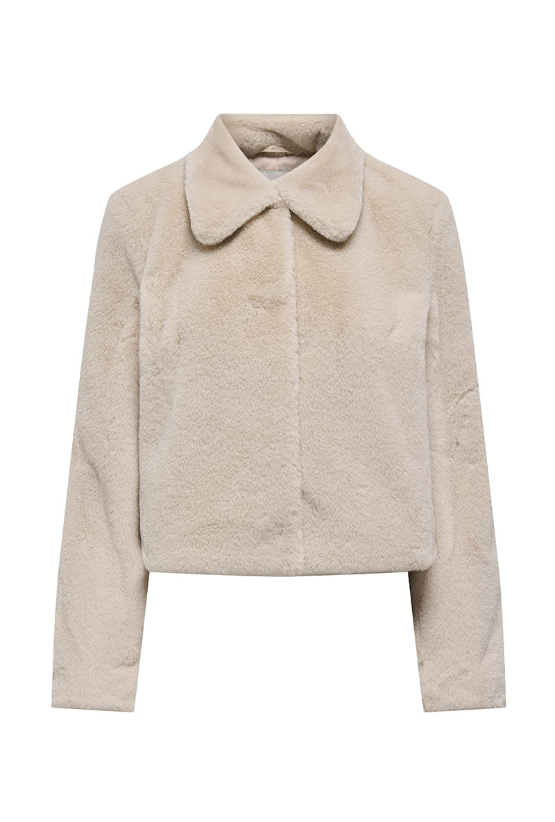 Front image of Macy faux fur jacket in beige, by brand Jacqueline de yong