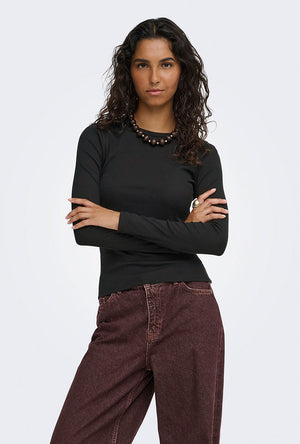 Front image of a model wearing the Lucky l/s oneck top in black, by brand Jacqueline de yong