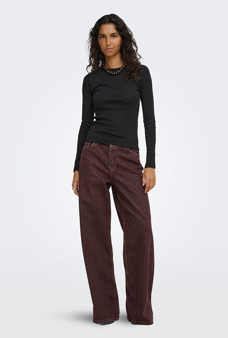 Front image of a model wearing Lucky l/s oneck top in black, by brand Jacqueline de yong