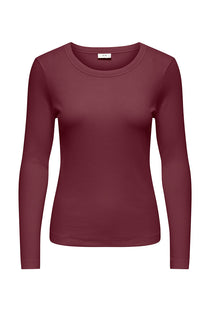 Front image of the Lucky l/s oneck top in burgundy, by brand Jacqueline de yong