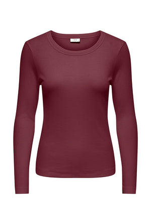 Front image of the Lucky l/s oneck top in burgundy, by brand Jacqueline de yong