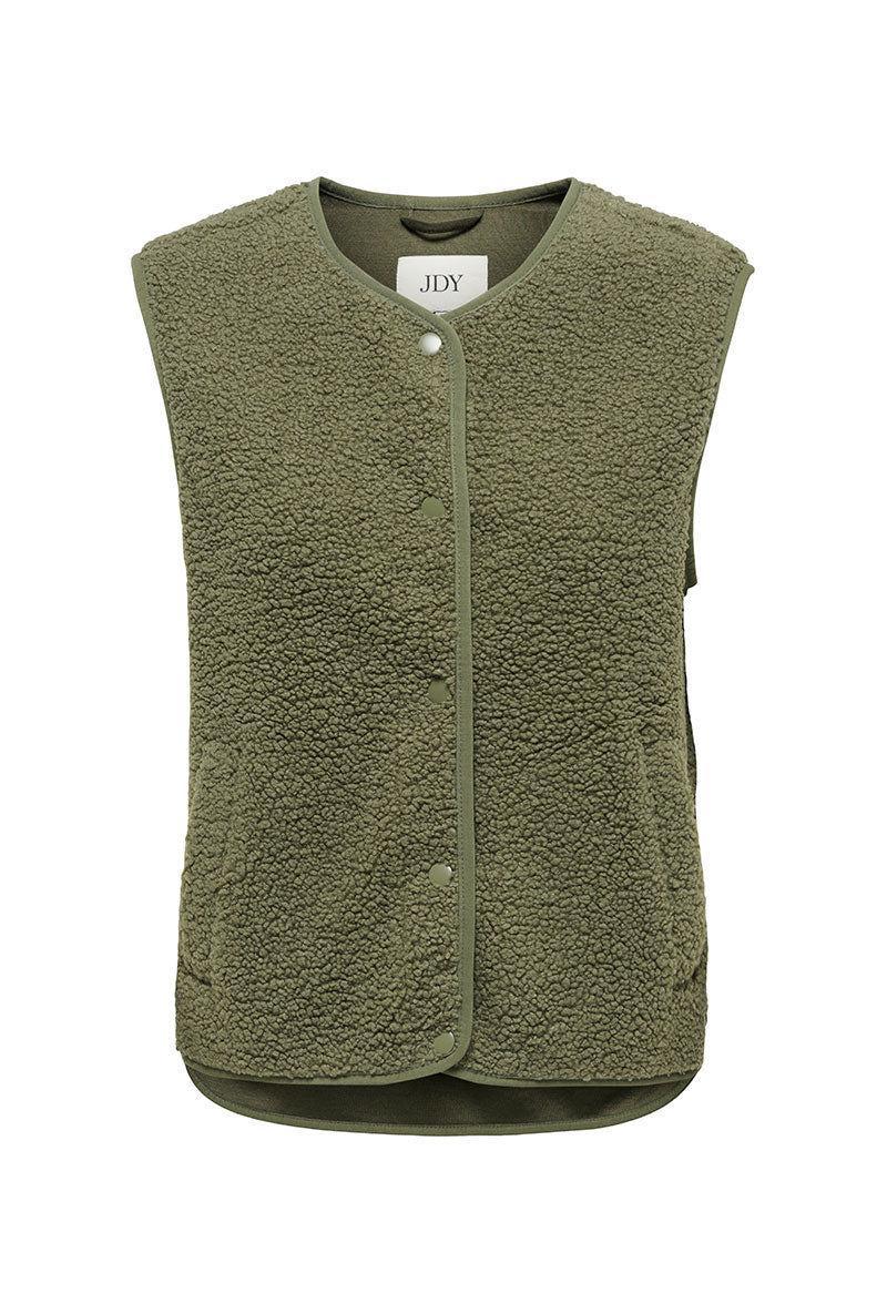 Front image of Simina teddy waistcoat in olive, by brand Jacqueline de yong