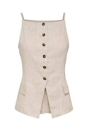 Front image of the Molly linen sl waistcoat in oat, by brand Jacqueline de yong