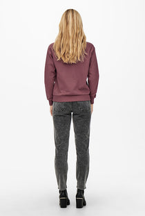 Back image of a model wearing the Paris l/s glitter sweatshirt in burgundy, by brand Jacqueline de yong