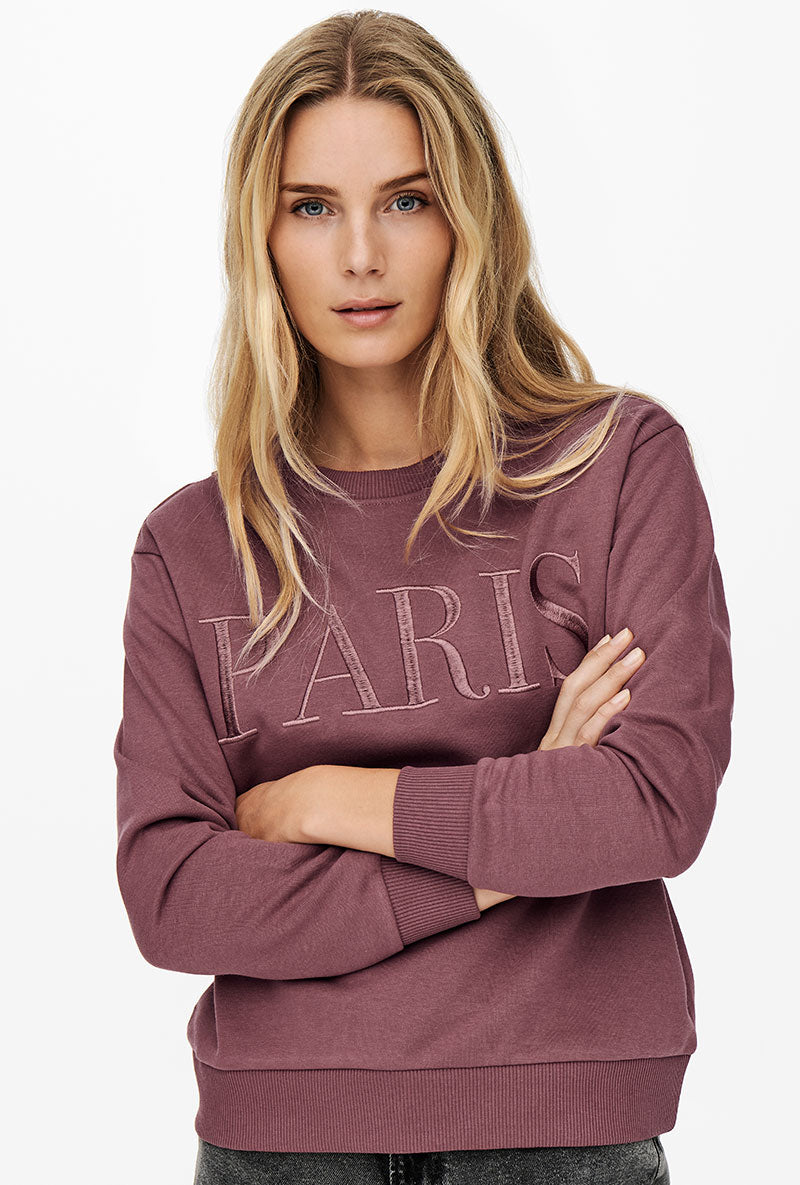 Front image of a model wearing Paris l/s glitter sweatshirt in burgundy, by brand Jacqueline de yong