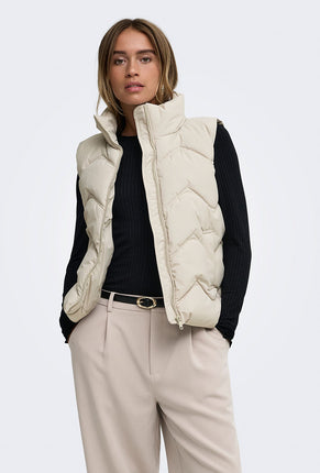 Front image of a model wearing Power short waistcoat in beige, by brand Jacqueline de yong