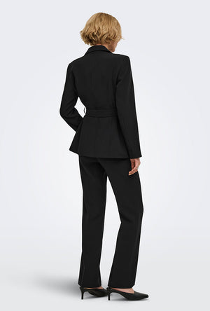 Back image of a model wearing the Storm ls buckle blazer in black, by brand Jacqueline de yong