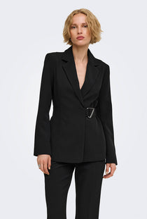 Front image of a model wearing the Storm ls buckle blazer in black, by brand Jacqueline de yong