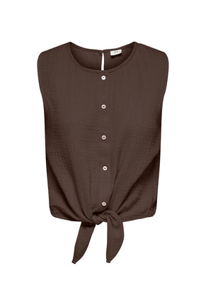Front image of Theis life button top in brown, by brand Jacqueline de yong