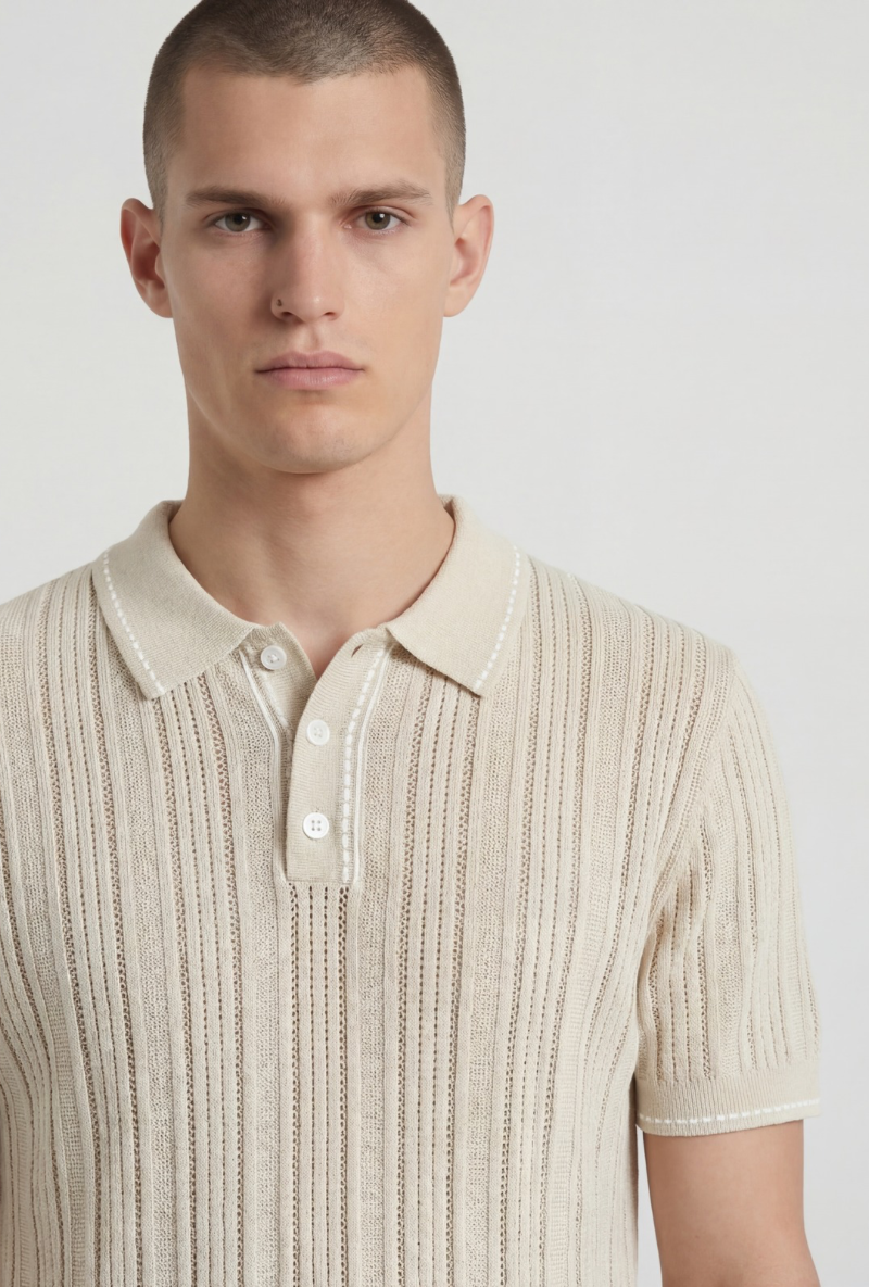 Front image of a model wearing Deep river button knit polo in beige, by brand Deep