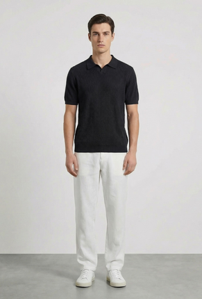 Black of Deep rory open neck polo in black, by brand Deep