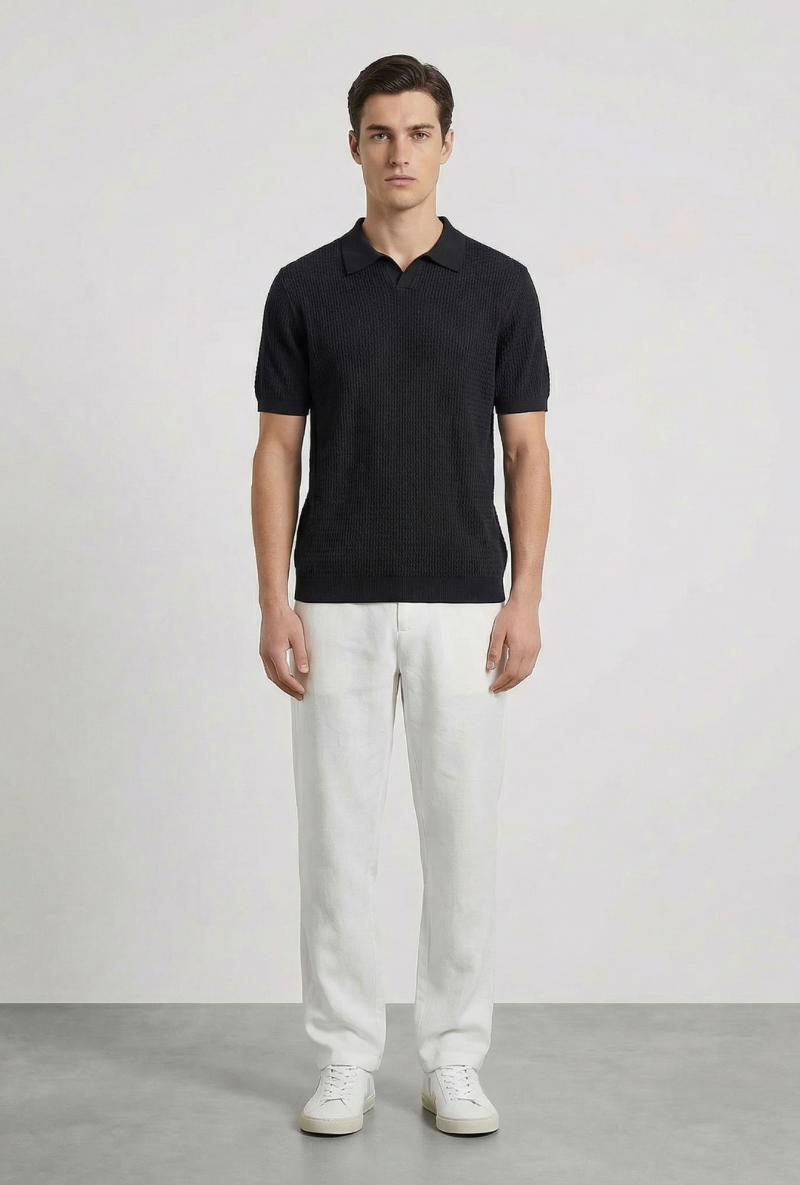Black of Deep rory open neck polo in black, by brand Deep