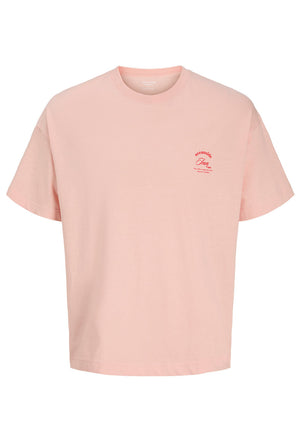 Front image of the Montauk back graphic tee in peach, by brand Jack&jones