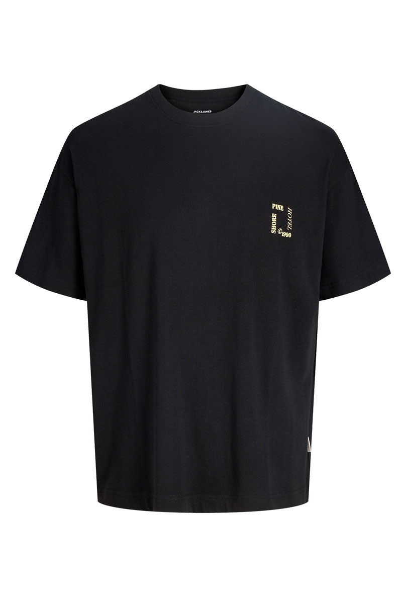 Front image of Montauk back graphic tee in black, by brand Jack&jones