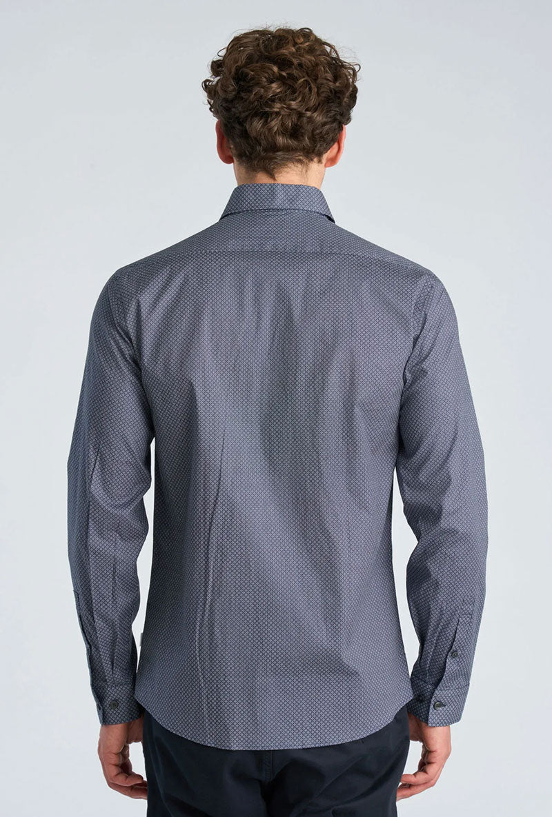 Back image of a model wearing Aop stretch ls shirt in navy, by brand Lindbergh