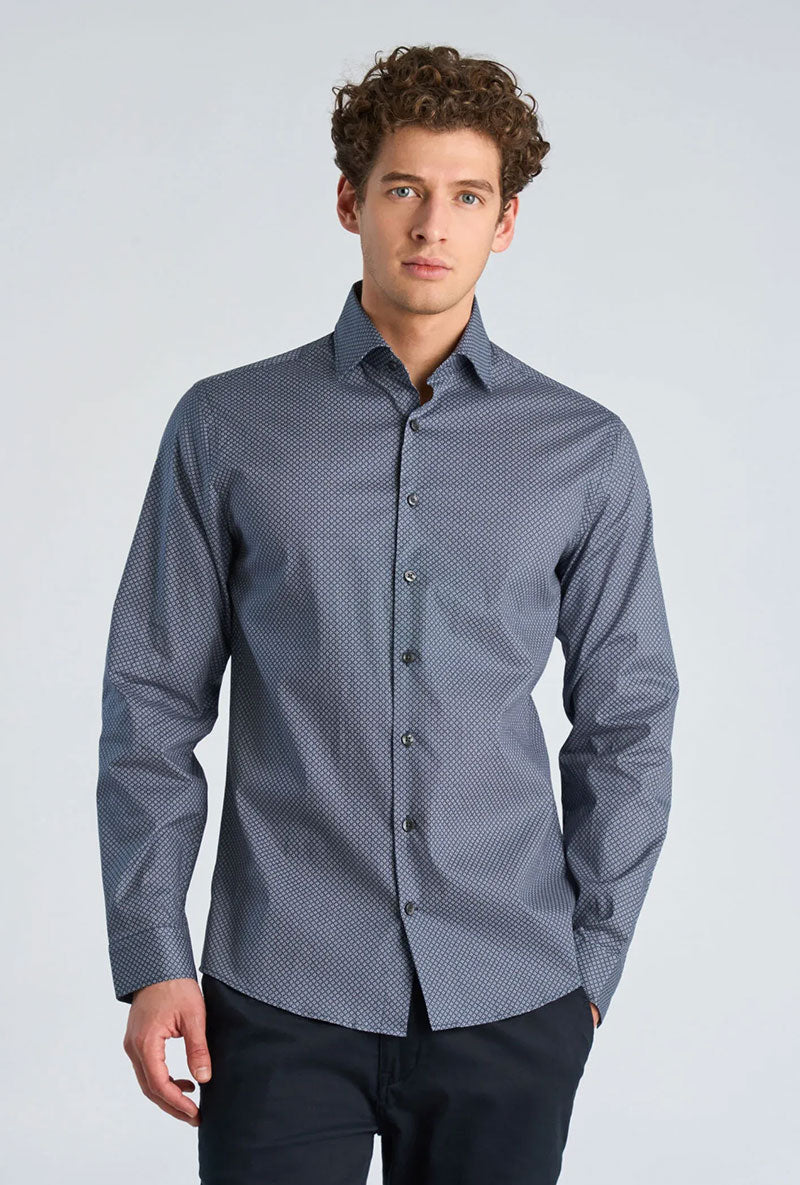 Front image of a model wearing Aop stretch ls shirt in navy, by brand Lindbergh