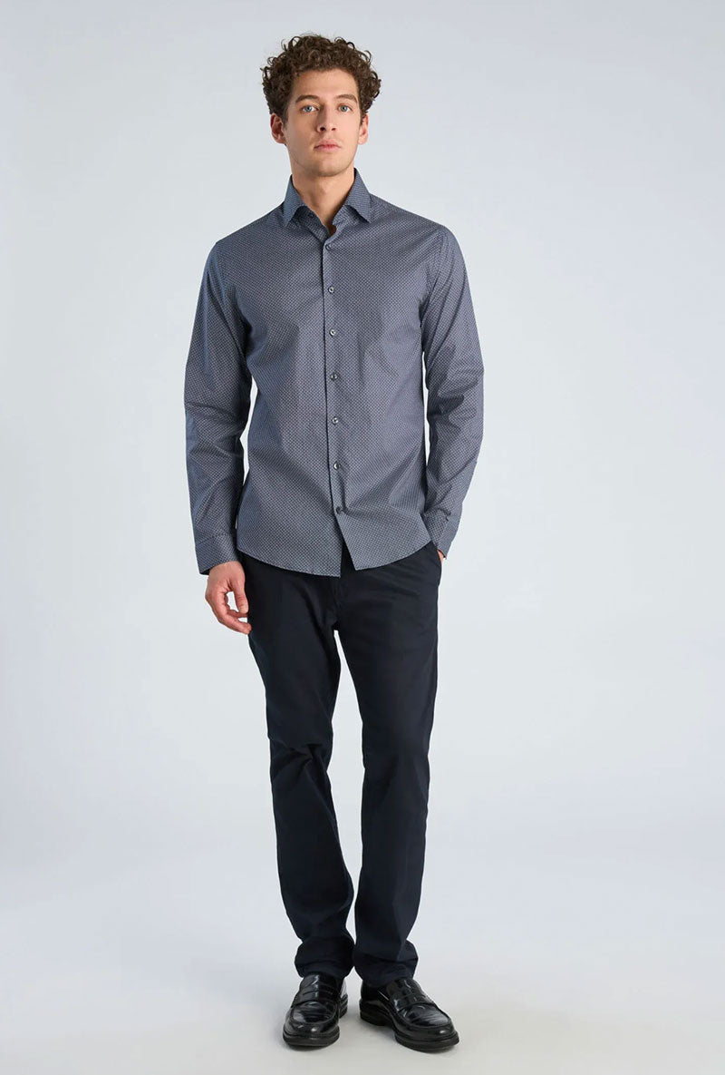 Front image of a model wearing Aop stretch ls shirt in navy, by brand Lindbergh