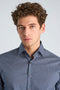 Front image of a model wearing the Aop stretch ls shirt in navy, by brand Lindbergh