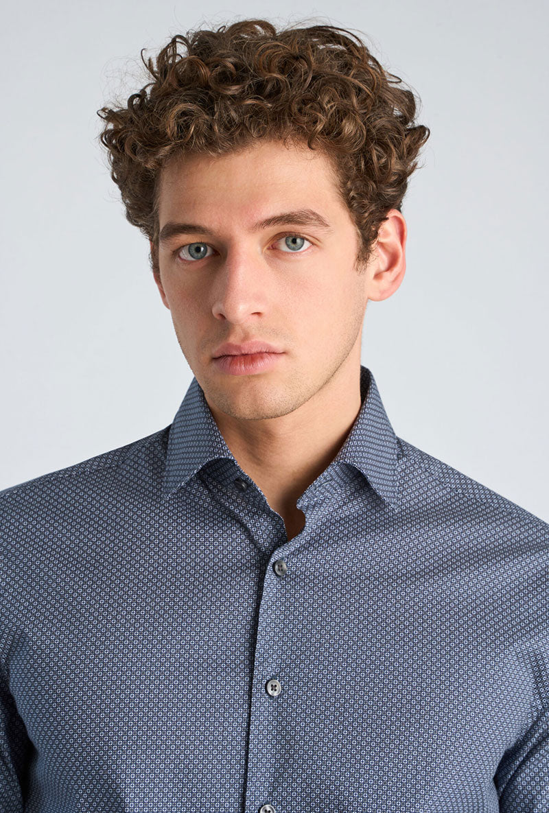 Front image of a model wearing Aop stretch ls shirt in navy, by brand Lindbergh