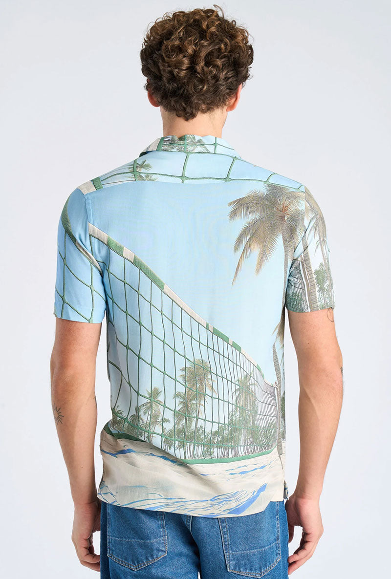 Back image of a model wearing Aop summer viscose shirt in sky, by brand Lindbergh