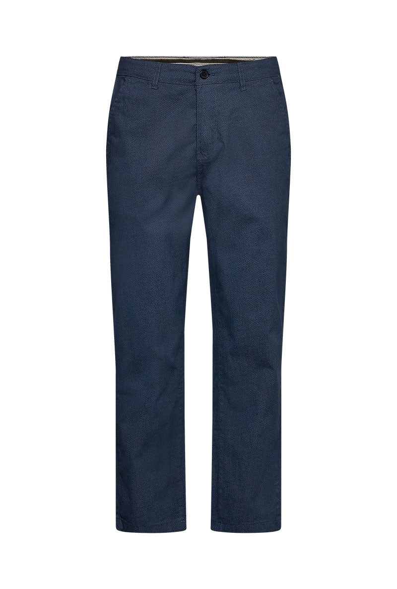Front image of Aop superflex chino pants in navy, by brand Lindbergh