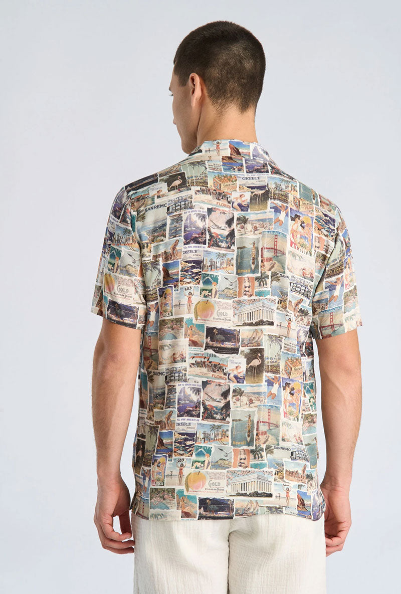 Back image of a model wearing Aop vintage shirt in all over print, by brand Lindbergh