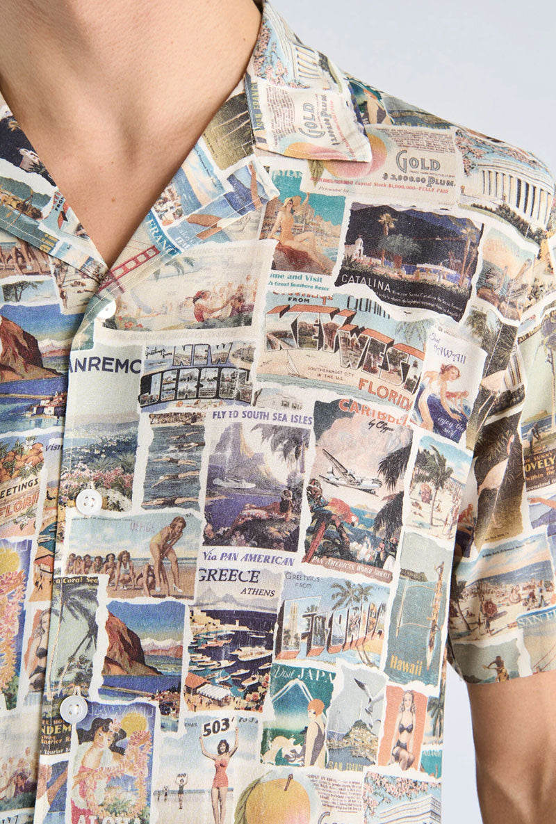 Front image of a model wearing Aop vintage shirt in all over print, by brand Lindbergh