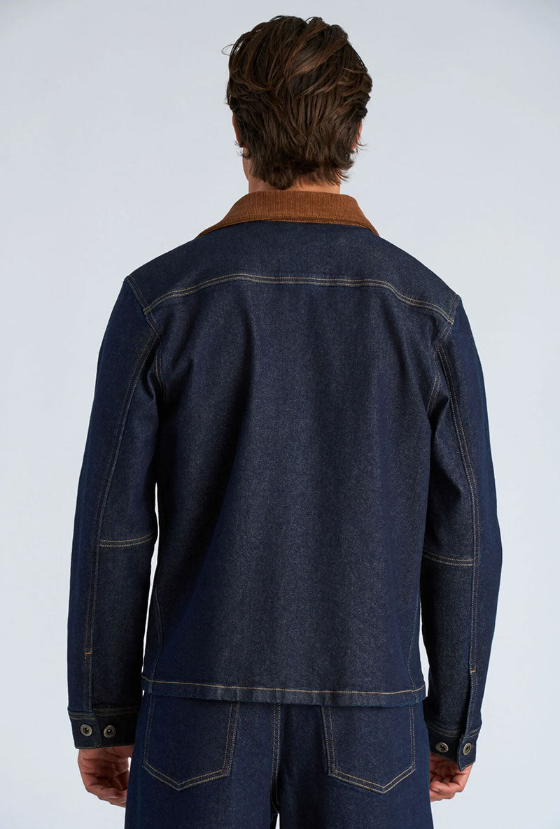 Back image of a model wearing Corduroy collar overshirt in dark denim, by brand Lindbergh