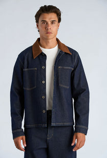 Front image of a model wearing the Corduroy collar overshirt in dark denim, by brand Lindbergh