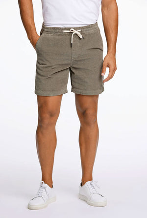 Front image of a model wearing the Corduroy relaxed fit shorts in khaki, by brand Lindbergh