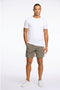 Front image of a model wearing the Corduroy relaxed fit shorts in khaki, by brand Lindbergh