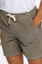 Front image of a model wearing the Corduroy relaxed fit shorts in khaki, by brand Lindbergh