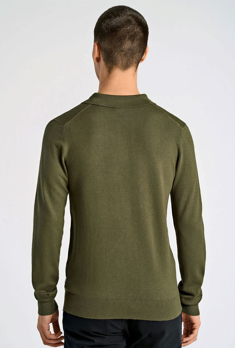 Back image of a model wearing Lindbergh ecovero l/s zip polo in khaki, by brand Lindbergh