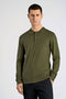 Front image of a model wearing Lindbergh ecovero l/s zip polo in khaki, by brand Lindbergh