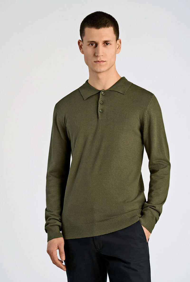 Front image of a model wearing Lindbergh ecovero l/s zip polo in khaki, by brand Lindbergh