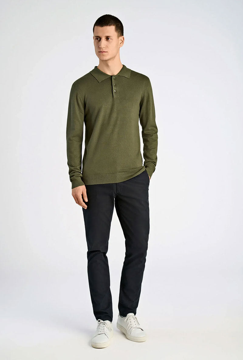 Front image of a model wearing Lindbergh ecovero l/s zip polo in khaki, by brand Lindbergh