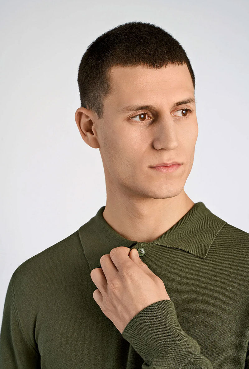 Front image of a model wearing Lindbergh ecovero l/s zip polo in khaki, by brand Lindbergh
