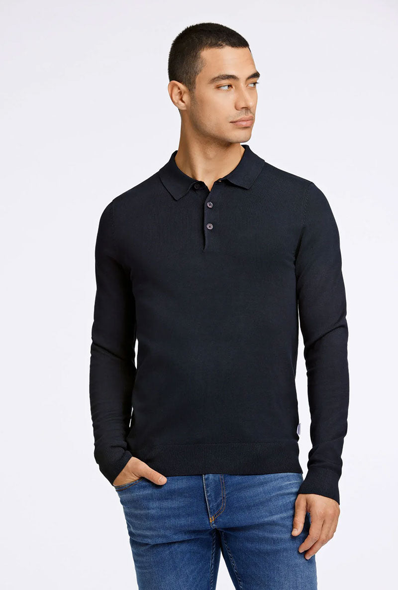 Front image of a model wearing Lindbergh ecovero l/s zip polo in navy, by brand Lindbergh