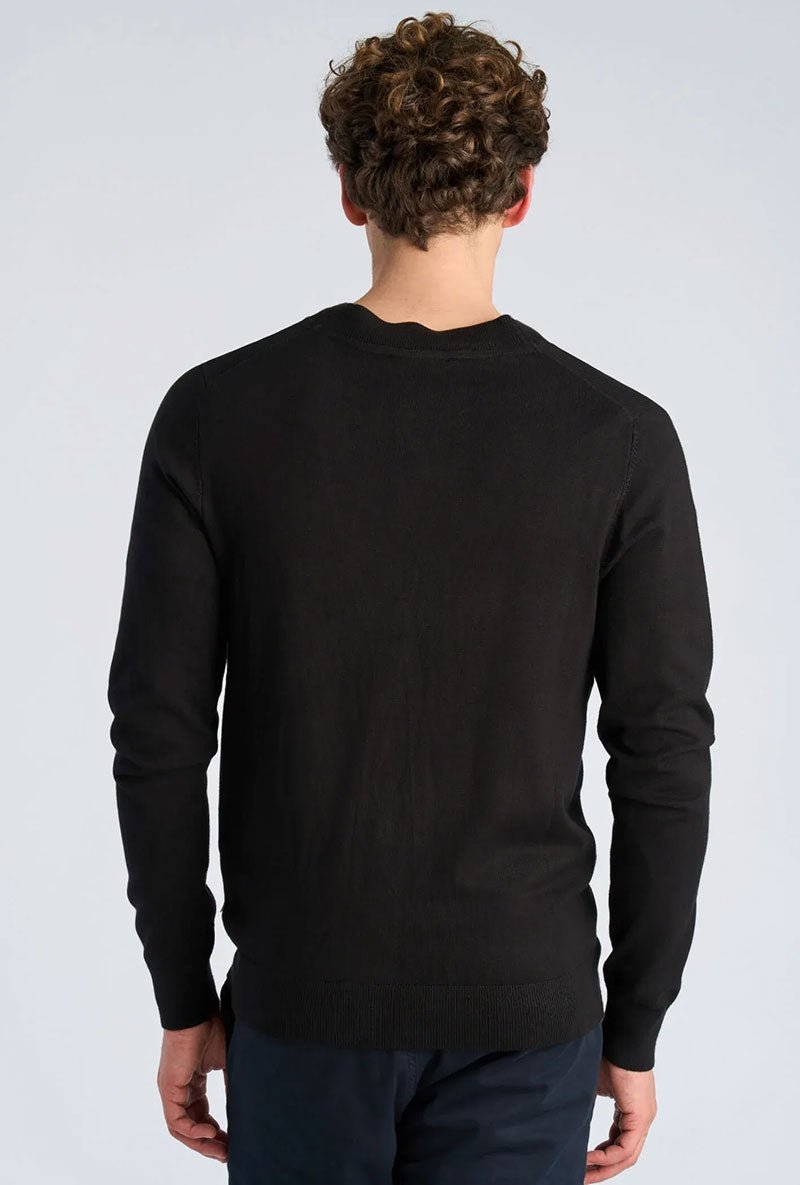 Back image of a model wearing Ecovero vneck cardigan in black, by brand Lindbergh