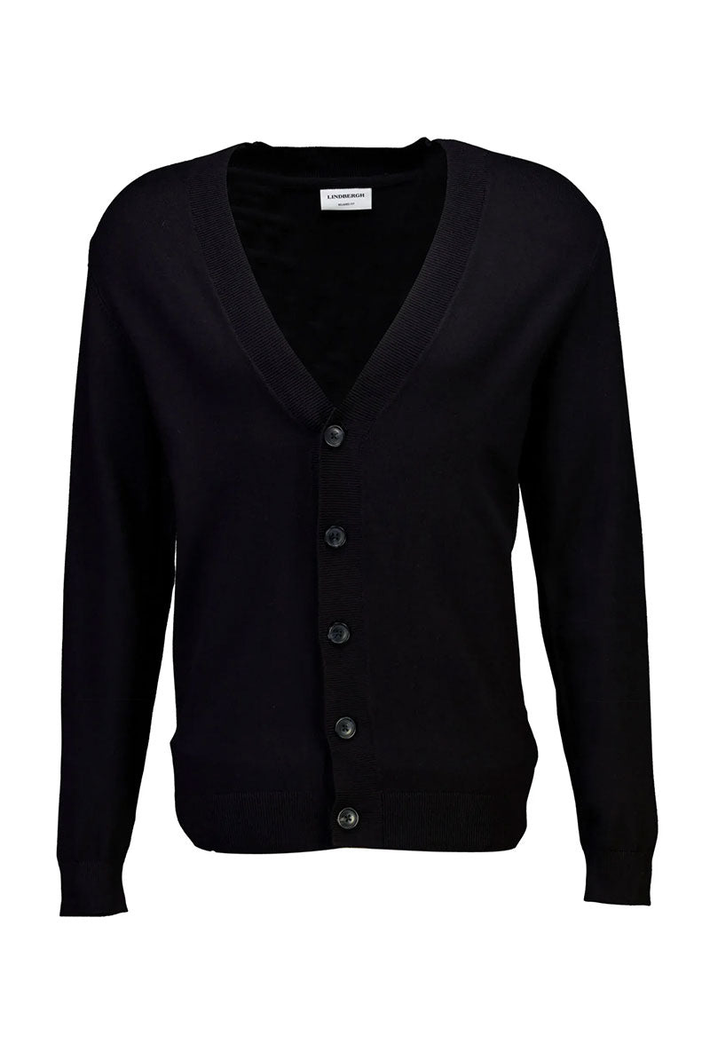 Front image of Ecovero vneck cardigan in black, by brand Lindbergh