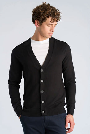 Front image of a model wearing Ecovero vneck cardigan in black, by brand Lindbergh