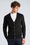 Front image of a model wearing Ecovero vneck cardigan in black, by brand Lindbergh