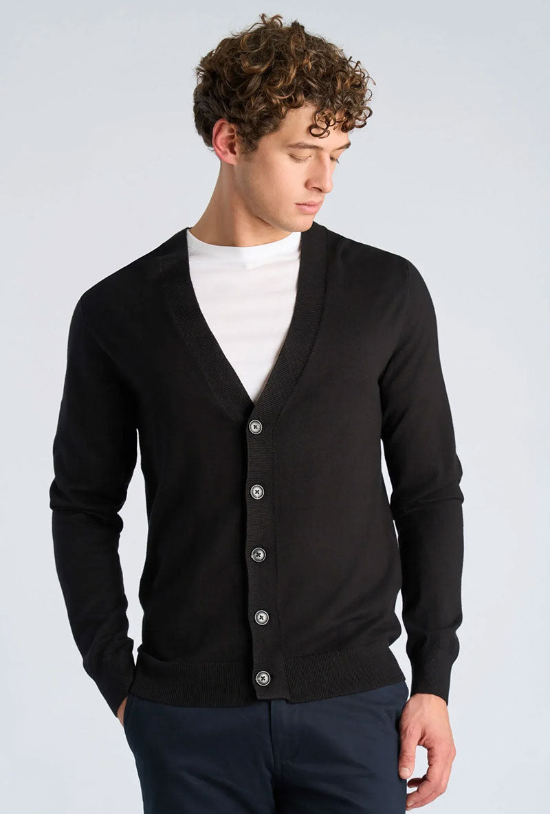 Front image of a model wearing Ecovero vneck cardigan in black, by brand Lindbergh